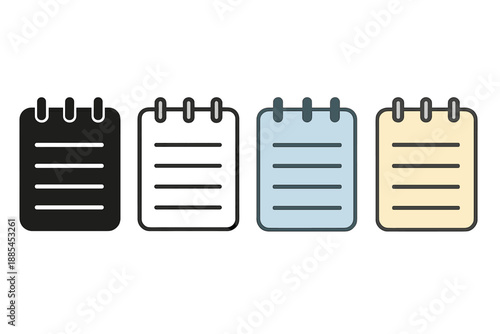 Four style depiction of notepad using solid glyph outline minimal flat color and cartoon shading in straight row.