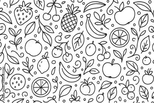 Pattern with playful fruits leaves curls seeds dots slices berries and tiny accents for stationery and packaging.