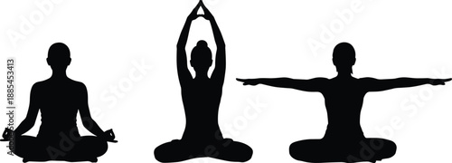 Yoga and meditation silhouette poses of women sitting on the floor, wellness fitness exercise illustration for mindfulness, health, lifestyle, balance and relaxation concepts