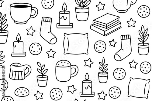 Pattern with cozy home shapes like cups books candles socks stars plants pillows and cookies for design.