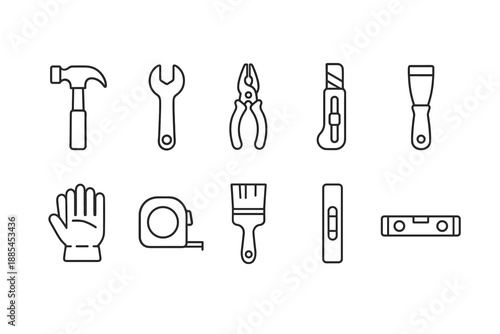 Toolbox icons showing hammer wrench pliers cutter scraper gloves tape measure brush and level for utility dashboards.