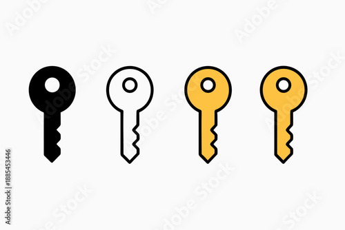 Four style key depiction using solid glyph outline minimal flat color and cartoon shading for UI use.