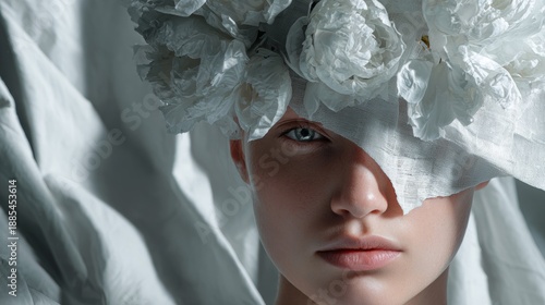 Surreal white fashion portrait with lace and dramatic shadows for creative editorial styling concept photography