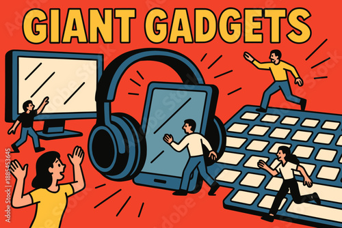 Comic banner featuring oversized gadgets giant headphones screens keyboards and tiny characters exploring tech.