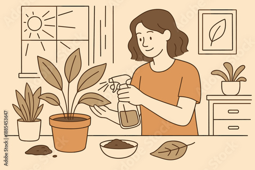 Illustration of person tending houseplants with spray bottle pot soil leaves sunlight and cozy interior mood.