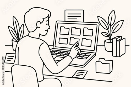 Illustration of person organizing digital files on laptop with notes plants folders and calm workspace setup for productivity blogs.