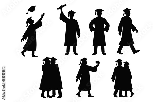 Silhouettes of graduation poses like cap toss diploma raise proud stance walking stage hugging friend and selfie moment for ceremony graphics.
