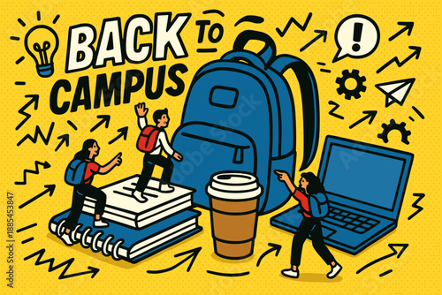 Comic style banner for back to campus with oversized backpack notebooks laptops coffee cup and tiny students exploring icons and arrows.