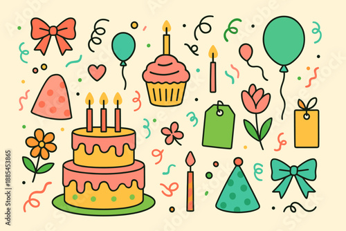 Spring birthday graphics with cakes cupcakes candles balloons flowers hearts gift tags party hats ribbons and confetti for invitations and posts.