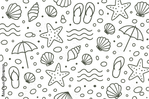 Pattern with playful beach items like shells starfish waves dots flip flops umbrellas and pebbles for textiles.