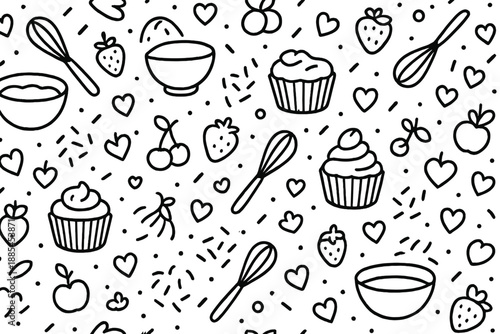Pattern of baking items including whisks bowls cupcakes sprinkles hearts fruits and small dots for packaging.