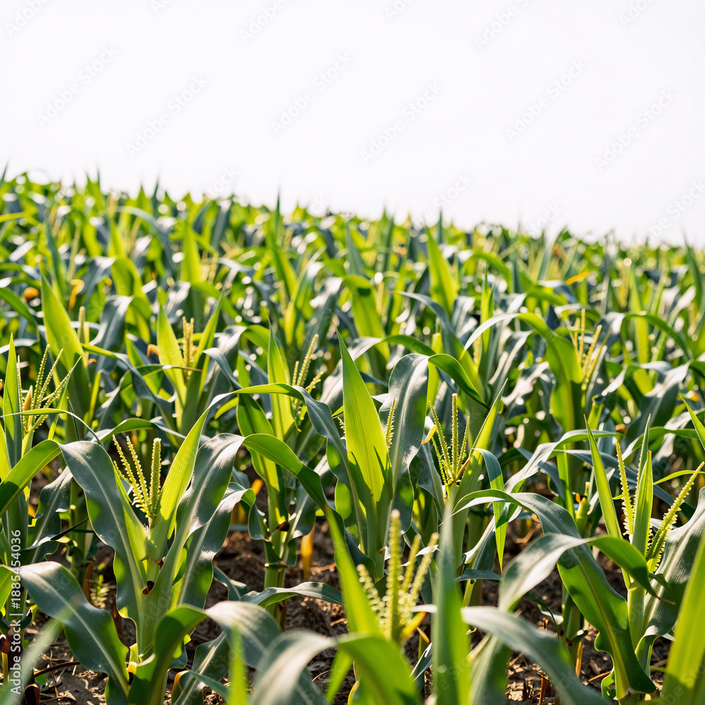 Obraz premium A lush field of young corn plants stretching under bright sunlight, isolated against a white background