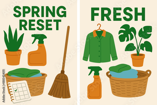 Two A4 banners for spring reset featuring plants clothes basket broom planner spray and fresh text headlines.