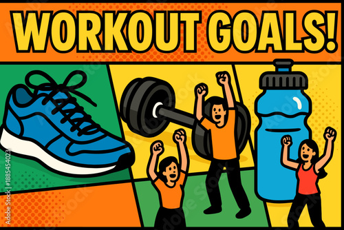 Comic gym motivation banner with giant sneakers water bottle weights and tiny people cheering workout goals.