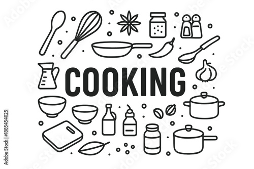 Poster featuring central cooking theme surrounded by icons such as spoons whisks bowls jars spices and pans.