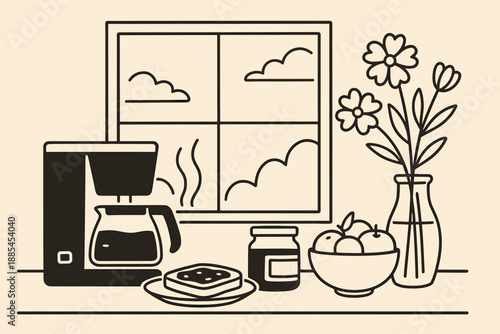 Illustration of morning kitchen calm with coffee maker fruit toast jar flowers window and relaxed mood for lifestyle posts.