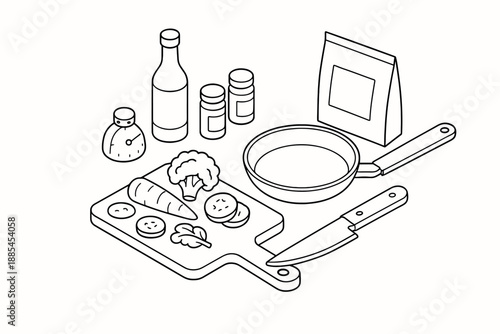 Isometric meal kit table showing chopping board veggies spice jars pan bottle timer packet and knife for cooking explainers.
