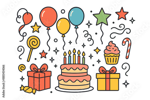 Holiday birthday shapes like balloons stars sweets ribbons bows cakes and sparkles for cheerful designs.