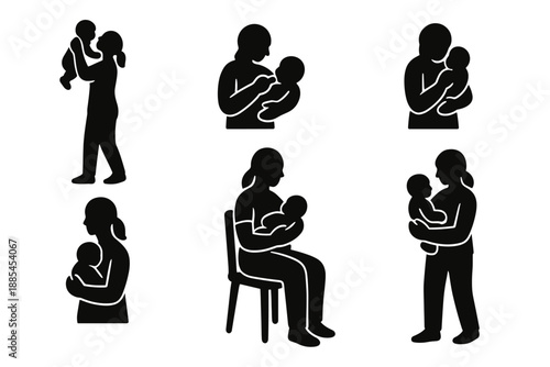 Silhouettes of nursing motions including lifting infant rocking feeding soothing burping carrying sitting and gentle standing for parenting guides.