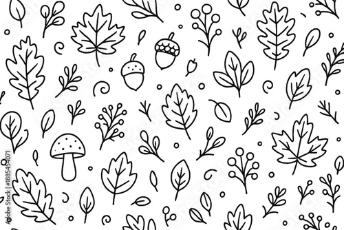 Pattern of autumn leaves acorns mushrooms twigs berries seeds curls and little nature accents for seasonal prints.