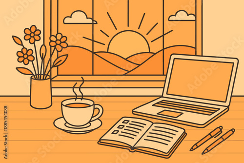 Illustration of early morning desk setup with sunrise window coffee cup planner pens laptop flowers and calm vibes for productivity blogs.