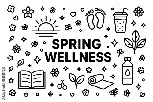 Poster centered on spring wellness with icons sunrise steps smoothie leaves book mat water and stars.