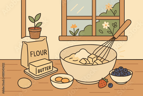 Illustration of cozy spring baking scene with mixing bowl butter sugar flour whisk eggs berries window light and warm mood for lifestyle posts.