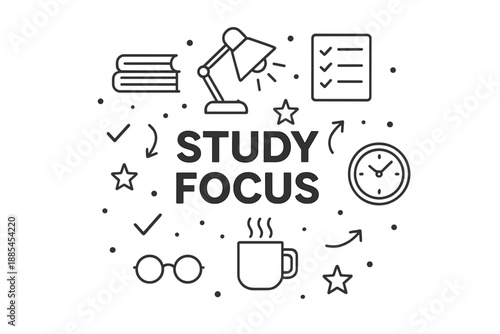 Poster centered on study focus with icons: books lamp coffee clock tasks arrows stars checkmarks and glasses.