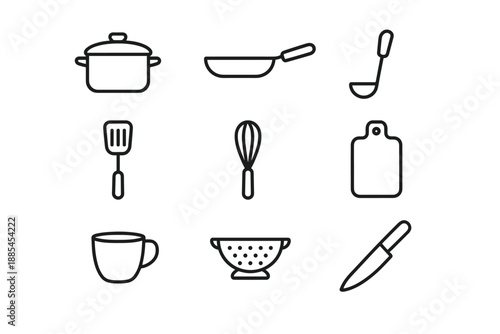 Kitchen icons showing pot pan ladle spatula whisk cutting board cup colander and knife for dashboards.