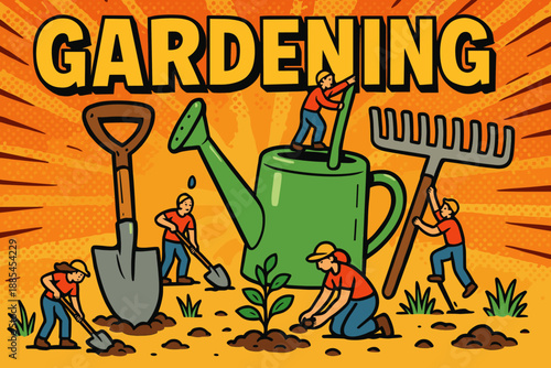 Comic banner with huge gardening tools shovel rake watering can and tiny gardeners working around them.