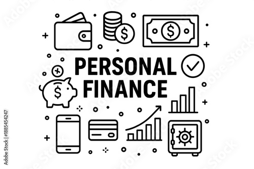 Poster focused on personal finance with icons: wallet coins bill piggy bank graph checkmark phone card and safe.
