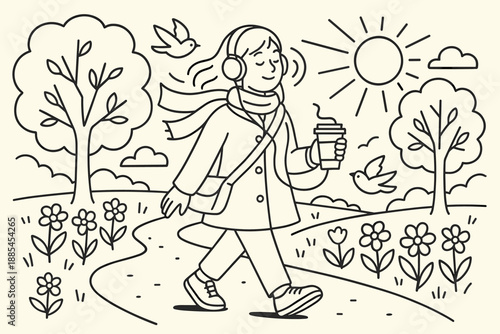 Illustration of spring walk with scarf coffee music flowers trees path birds breeze and sunshine for lifestyle posts.