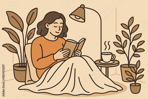 Illustration of person relaxing with book tea blanket warm lamp soft shadows and indoor plants for lifestyle pieces.