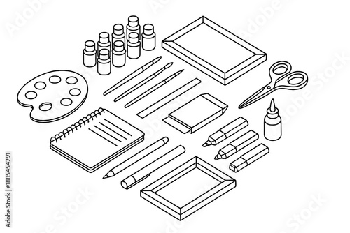 Isometric hobby desk with paints brushes palette scissors notebook markers glue and canvas frame for explainers.