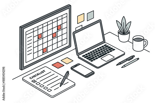 Isometric planner workspace with calendar board checklist phone laptop sticky notes pens plant and coffee for organizing explainers.