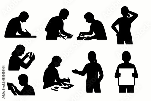 Silhouettes of simple creative motions like drawing cutting taping posing adjusting crafting presenting and holding materials for workshops.