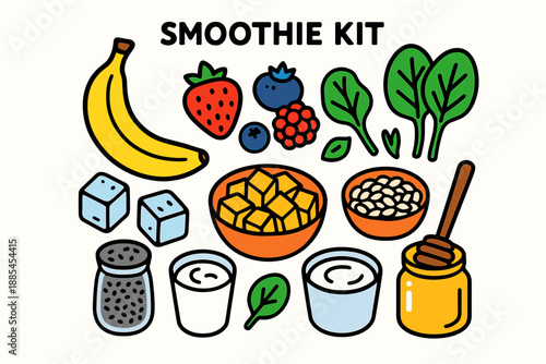 Bright flat smoothie kit including banana berries spinach ice cubes mango oats chia yogurt and honey for recipes.