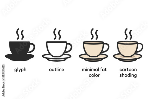 Four style tea cup icon rendered in solid glyph outline minimal flat color and cartoon shading for drink themes.