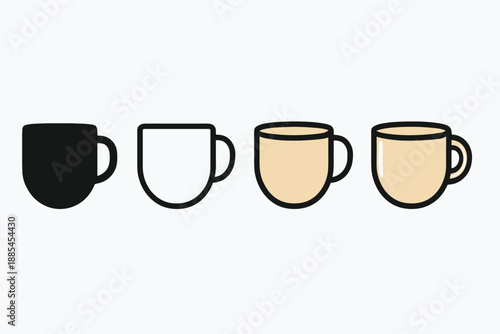 Four style cup symbol in solid glyph outline minimal flat color and cartoon shaded rendering for UI usage.