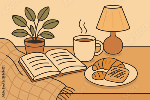 Illustration of weekend tea break with book pastries plants cozy blanket warm cup and gentle lighting.