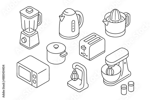 Isometric kitchen appliances including blender kettle toaster juicer microwave pot mixer and condiment jars for explainers.