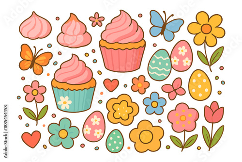 Holiday spring treats including cupcakes meringues cookies eggs flowers hearts sprinkles and butterflies for sweet seasonal kits.