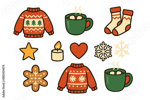 Holiday cozy badges including sweaters cocoa socks candles stars hearts snowflakes and cookies for events.