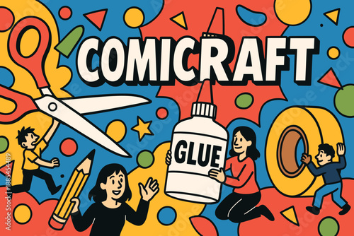 Comic craft banner with giant scissors huge glue bottle oversized tape roll tiny creators and colorful playful shapes.