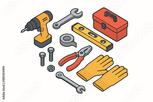 Isometric repair bay including tools drill wrench bolts level toolbox tape pliers and gloves for explainers.