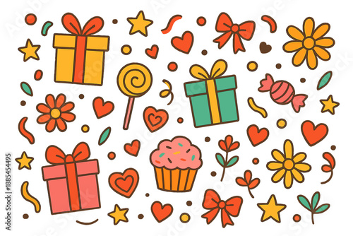 Holiday celebration mix including confetti stars sweets flowers bows gifts hearts and cheerful accents.