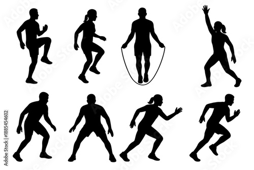 Silhouettes of athletic drills like knee lift side step jump rope hop reach shuffle and diagonal run.
