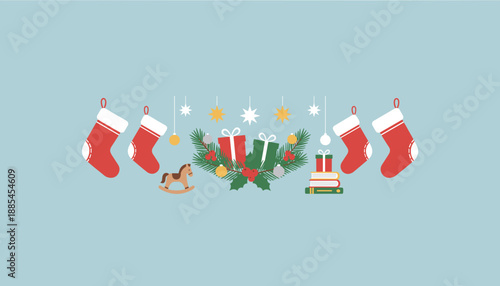 Festive holiday banner with stockings gifts toys and Christmas garland on a light blue background