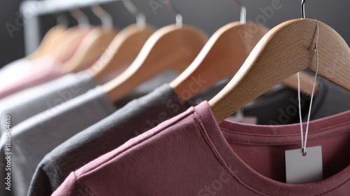 Minimal fashion clothing on wooden hangers for retail, shopping or sustainable fashion branding photography concept