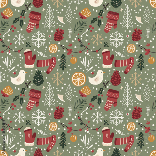 Cozy Christmas seamless pattern design Mittens snowflakes birds and pine elements on a sage green background